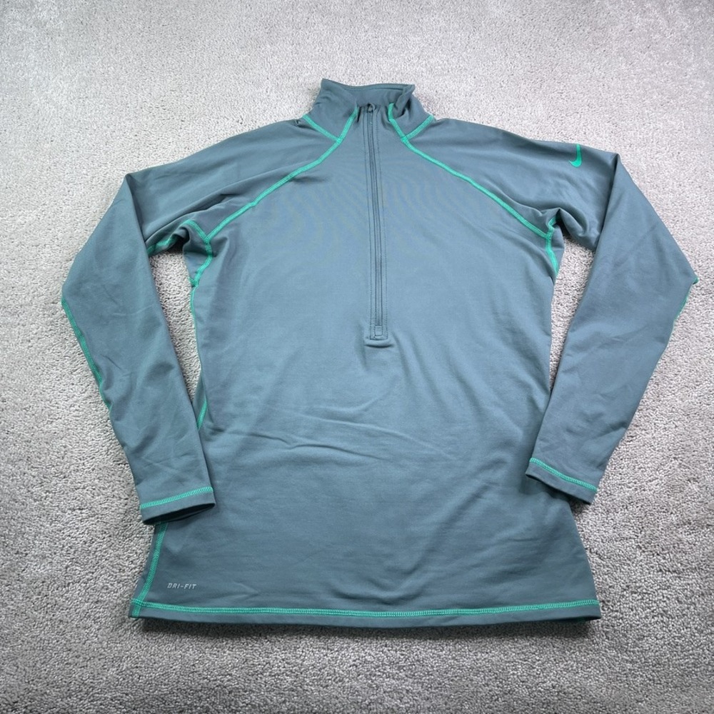 Nike Top Womens XL Gray Green Pro Hyperwarm Quarter Zip Pullover Dri Fit‎ Fleece